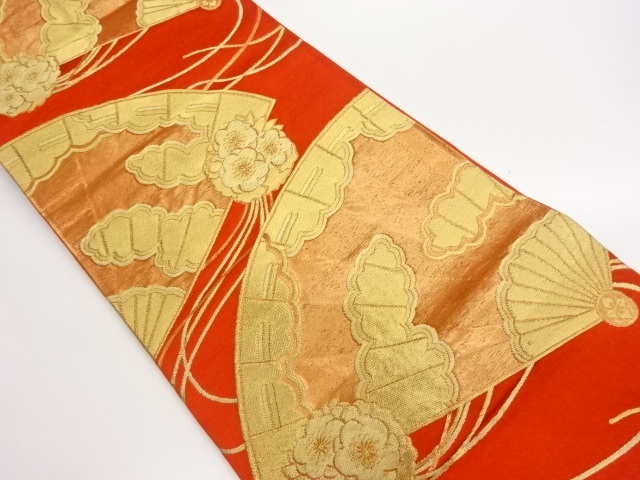 金糸檜扇に雲・桜丸文模様織出し袋帯